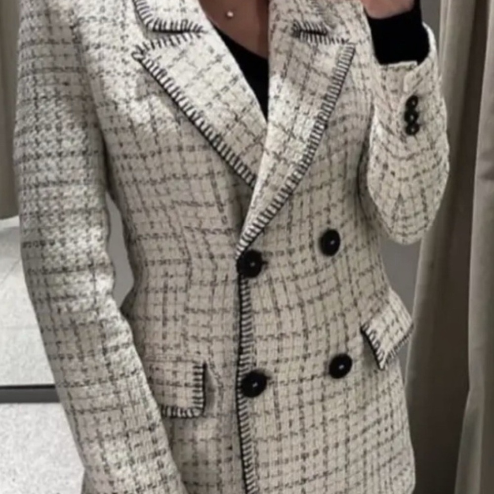 ZARA WOMAN NWT DOUBLE BREASTED TEXTURED WEAVE JACKET ECRU BLACK - Picture 7 of 7